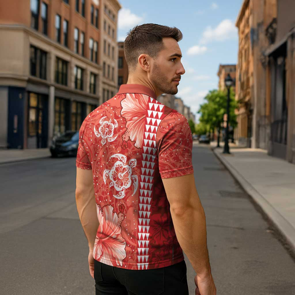 Red Hibiscus Turle Zipper Polo Shirt Hawaiian Style Tribal Tapa Pattern - Polynesian Pride