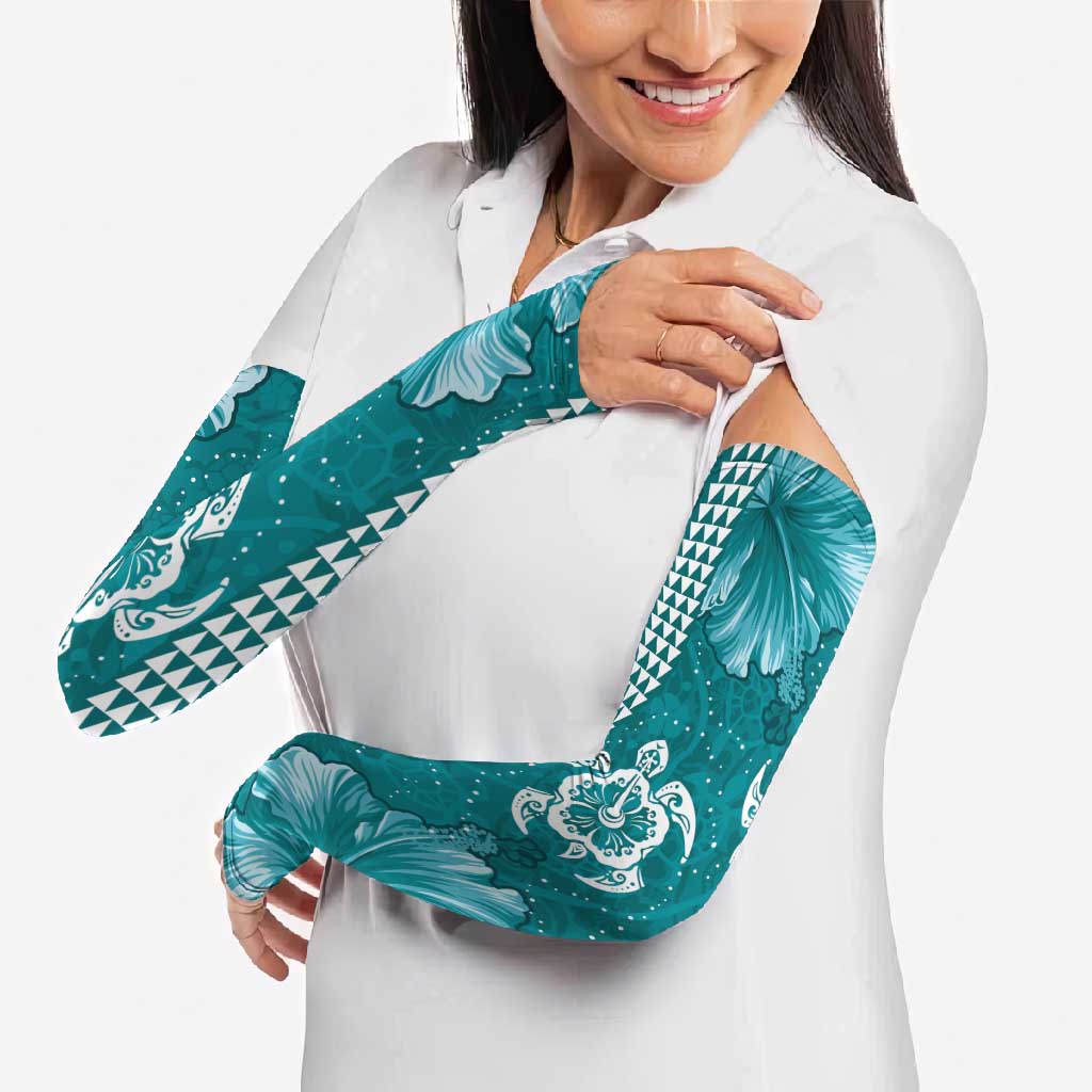 Teal Hibiscus Turle Arm Sleeves Hawaiian Style Tribal Tapa Pattern - Polynesian Pride