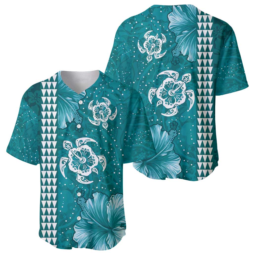 Teal Hibiscus Turle Baseball Jersey Hawaiian Style Tribal Tapa Pattern LT9 - Polynesian Pride
