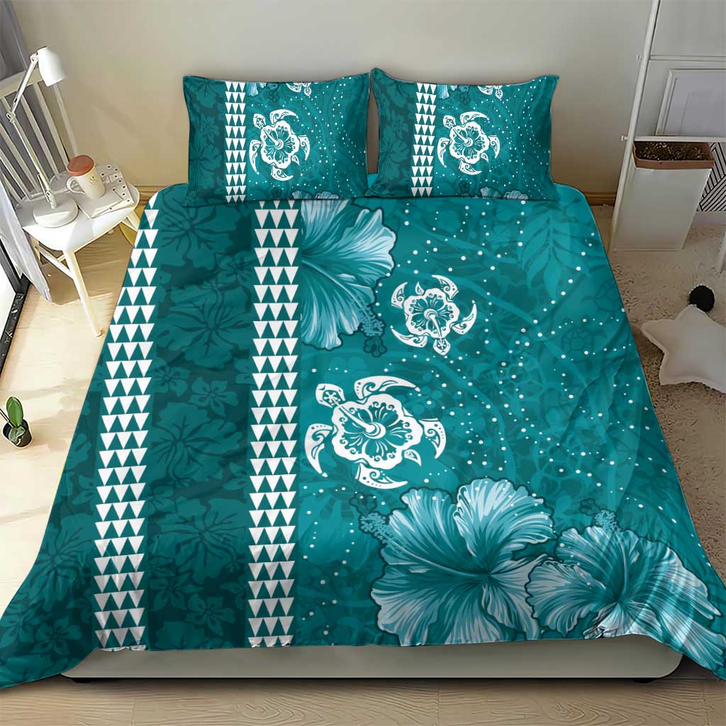 Teal Hibiscus Turle Bedding Set Hawaiian Style Tribal Tapa Pattern