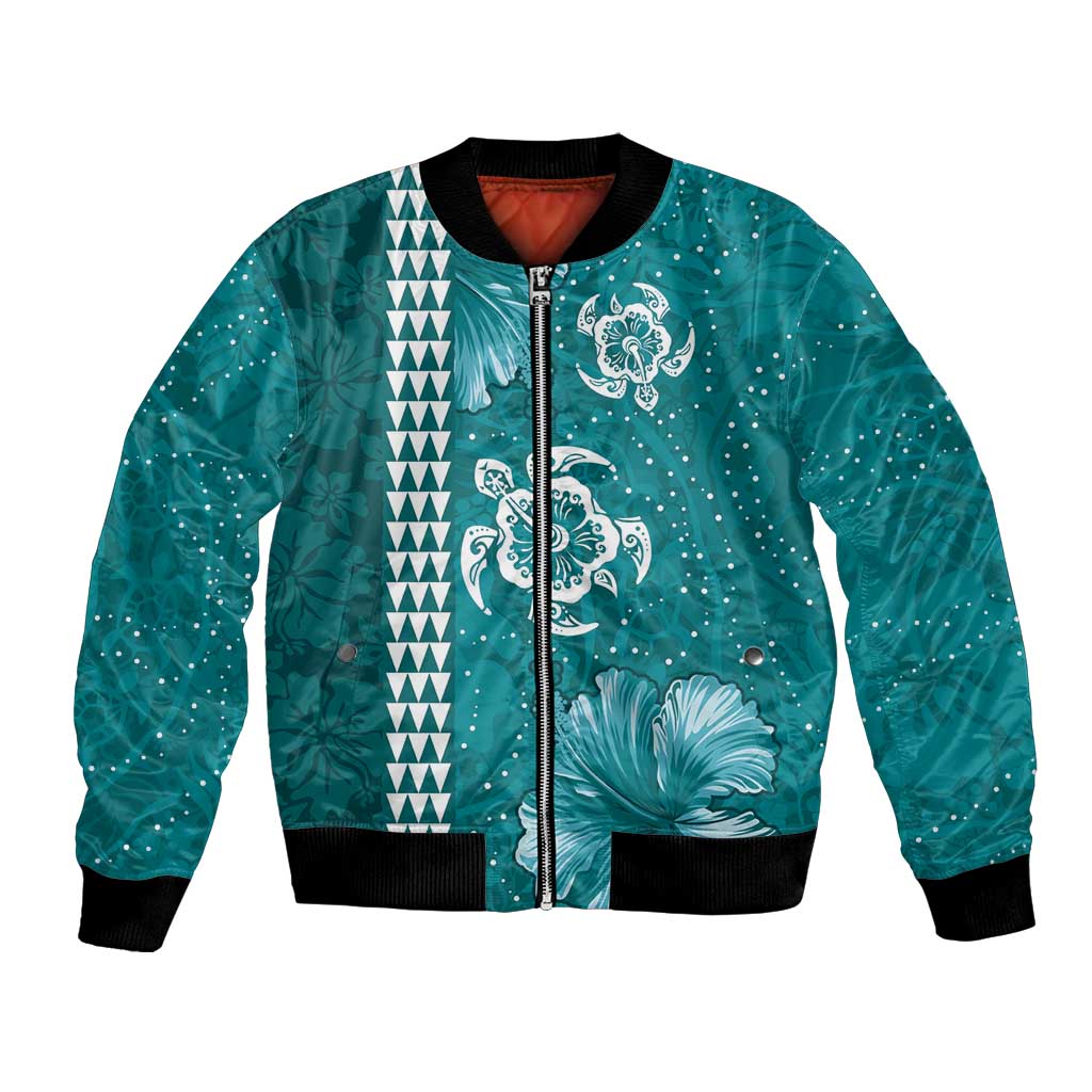 Teal Hibiscus Turle Bomber Jacket Hawaiian Style Tribal Tapa Pattern