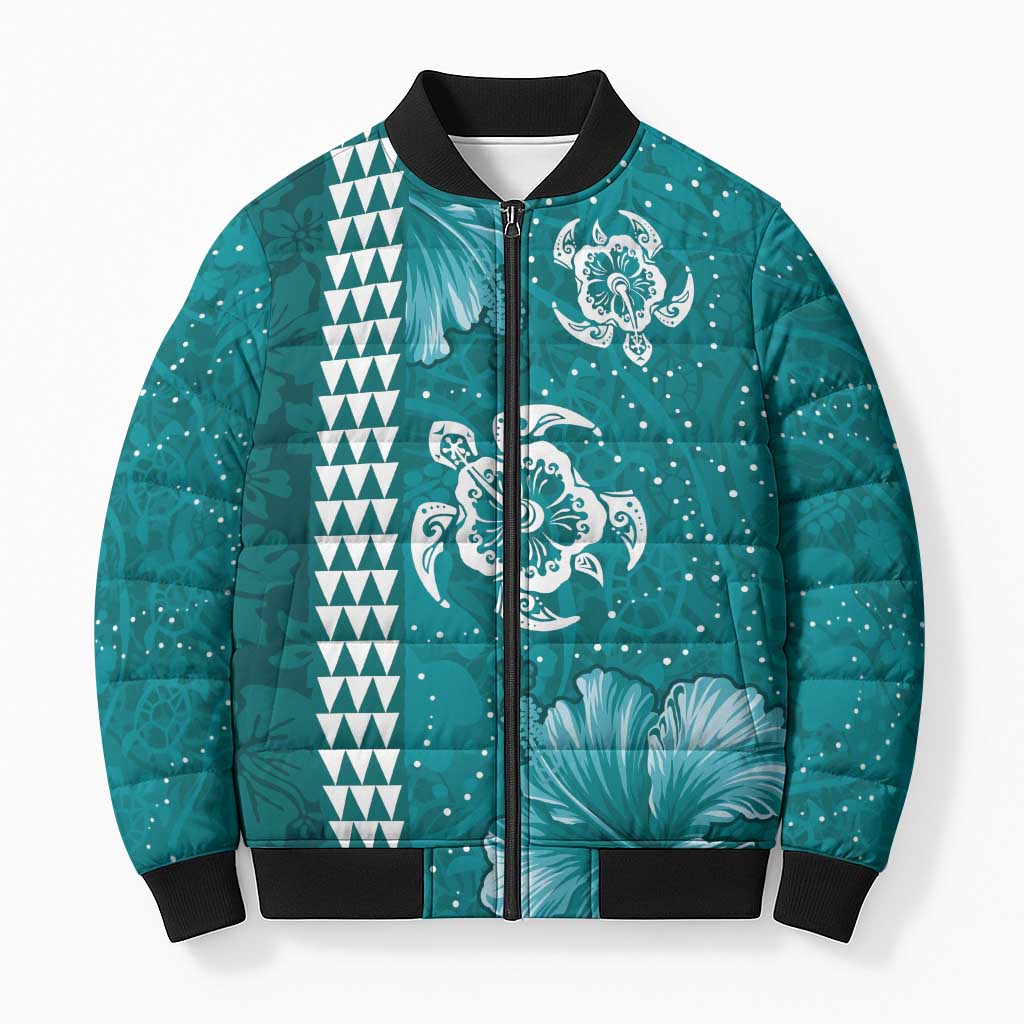 Teal Hibiscus Turle Bomber Puffer Jacket Hawaiian Style Tribal Tapa Pattern - Polynesian Pride