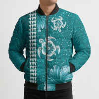 Teal Hibiscus Turle Bomber Puffer Jacket Hawaiian Style Tribal Tapa Pattern - Polynesian Pride