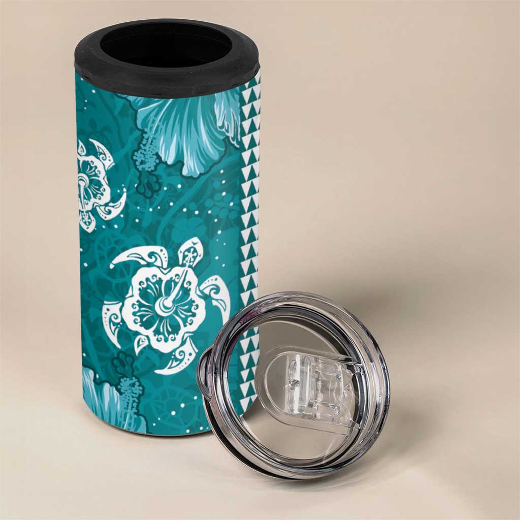 Teal Hibiscus Turle 4 in 1 Can Cooler Tumbler Hawaiian Style Tribal Tapa Pattern