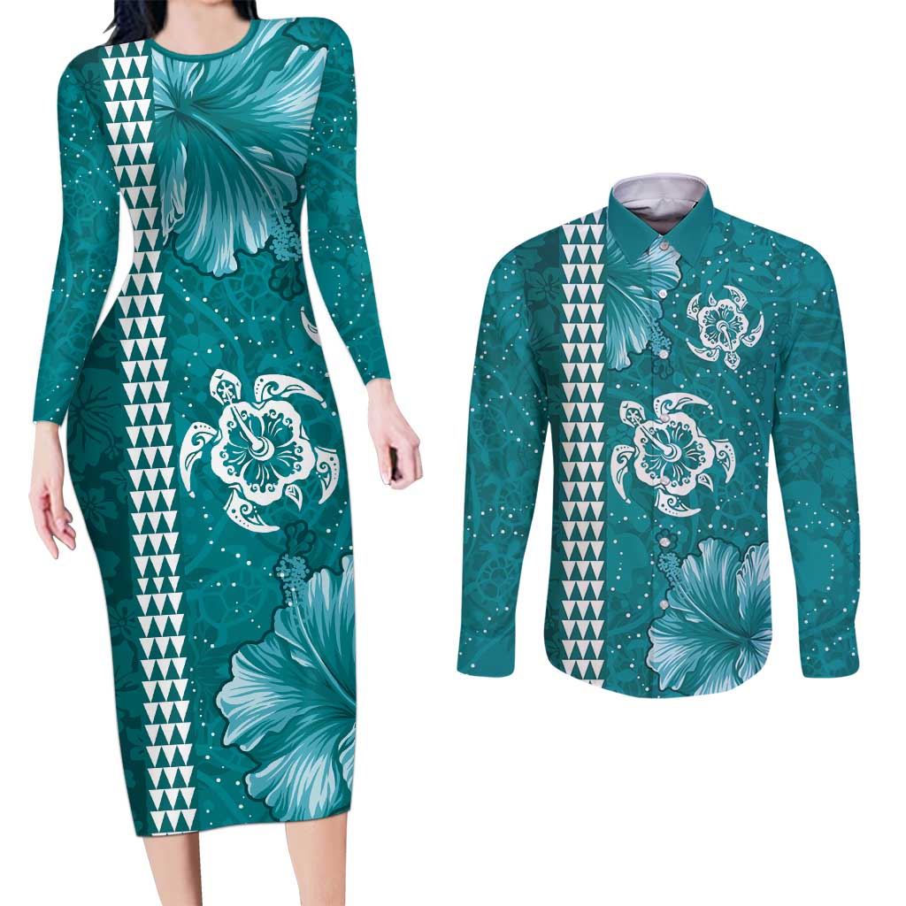 Teal Hibiscus Turle Couples Matching Long Sleeve Bodycon Dress and Long Sleeve Button Shirt Hawaiian Style Tribal Tapa Pattern LT9 Teal - Polynesian Pride