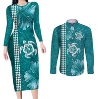 Teal Hibiscus Turle Couples Matching Long Sleeve Bodycon Dress and Long Sleeve Button Shirt Hawaiian Style Tribal Tapa Pattern LT9 Teal - Polynesian Pride