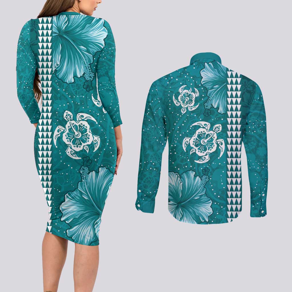 Teal Hibiscus Turle Couples Matching Long Sleeve Bodycon Dress and Long Sleeve Button Shirt Hawaiian Style Tribal Tapa Pattern LT9 - Polynesian Pride