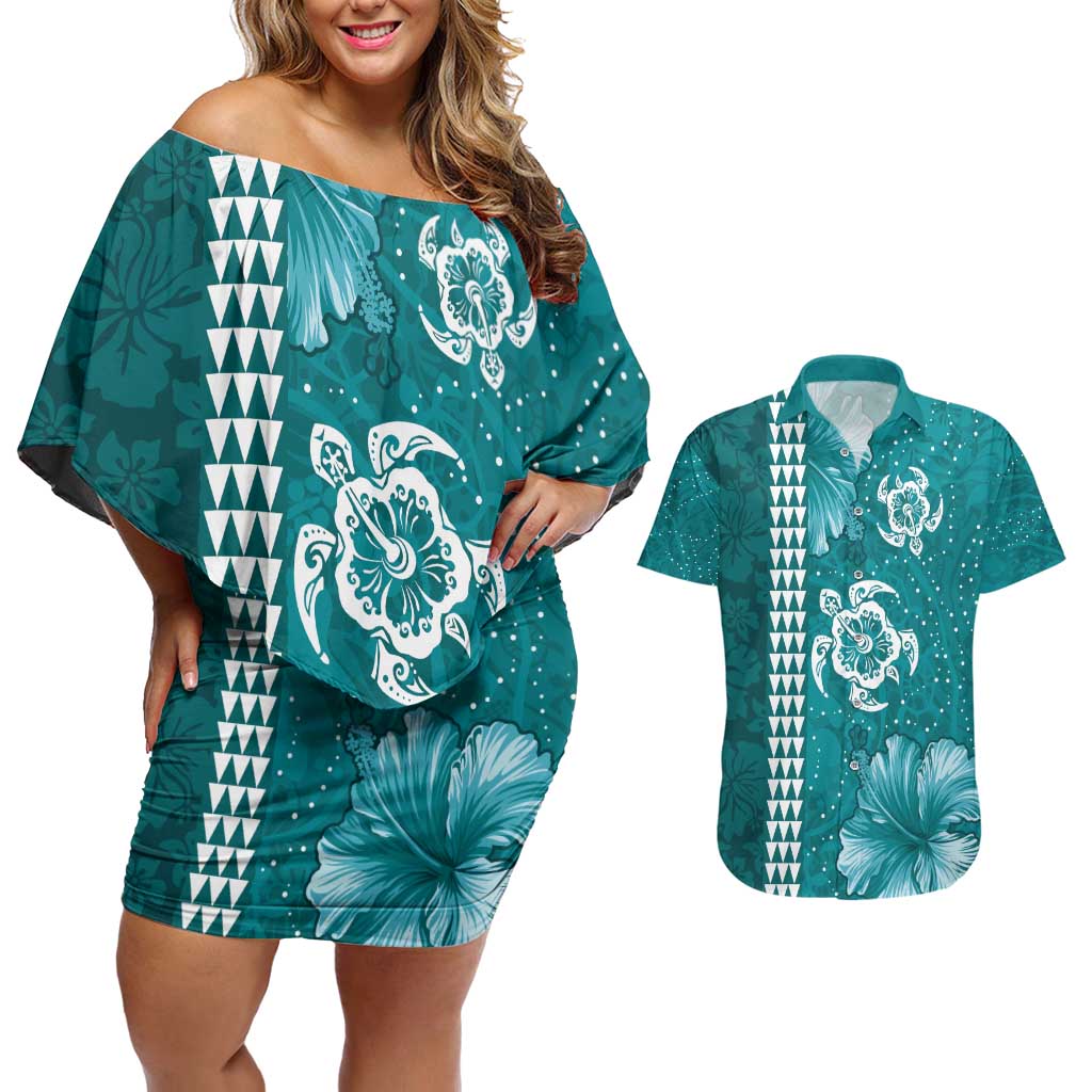 Teal Hibiscus Turle Couples Matching Off Shoulder Short Dress and Hawaiian Shirt Hawaiian Style Tribal Tapa Pattern LT9 Teal - Polynesian Pride