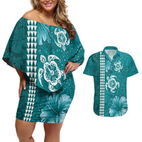 Teal Hibiscus Turle Couples Matching Off Shoulder Short Dress and Hawaiian Shirt Hawaiian Style Tribal Tapa Pattern LT9 Teal - Polynesian Pride