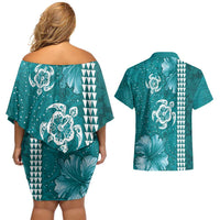 Teal Hibiscus Turle Couples Matching Off Shoulder Short Dress and Hawaiian Shirt Hawaiian Style Tribal Tapa Pattern LT9 - Polynesian Pride