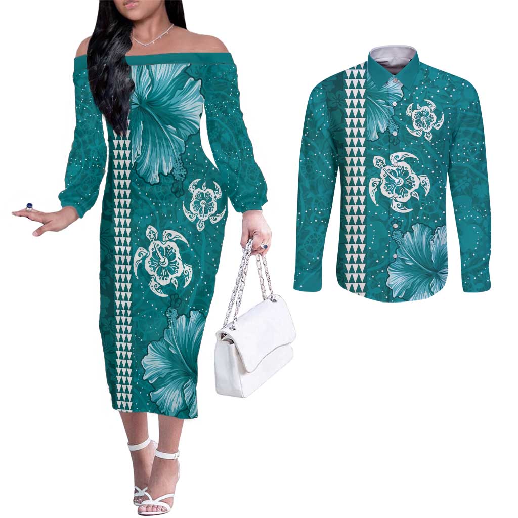 Teal Hibiscus Turle Couples Matching Off The Shoulder Long Sleeve Dress and Long Sleeve Button Shirt Hawaiian Style Tribal Tapa Pattern LT9 Teal - Polynesian Pride