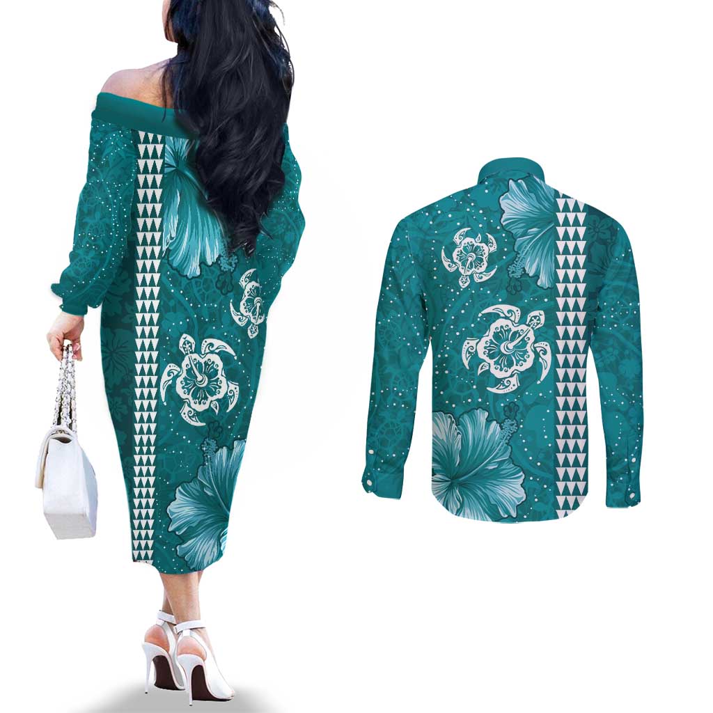 Teal Hibiscus Turle Couples Matching Off The Shoulder Long Sleeve Dress and Long Sleeve Button Shirt Hawaiian Style Tribal Tapa Pattern LT9 - Polynesian Pride