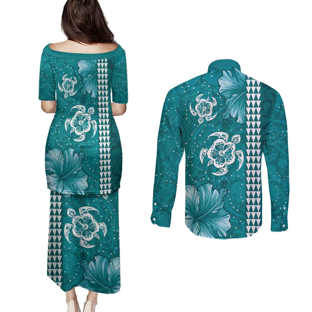 Teal Hibiscus Turle Couples Matching Puletasi and Long Sleeve Button Shirt Hawaiian Style Tribal Tapa Pattern LT9 - Polynesian Pride