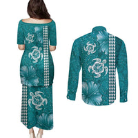 Teal Hibiscus Turle Couples Matching Puletasi and Long Sleeve Button Shirt Hawaiian Style Tribal Tapa Pattern LT9 - Polynesian Pride