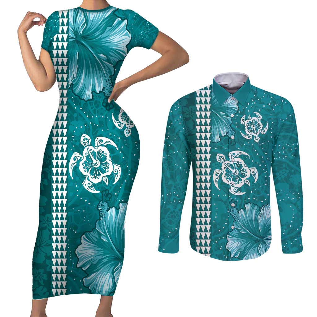 Teal Hibiscus Turle Couples Matching Short Sleeve Bodycon Dress and Long Sleeve Button Shirt Hawaiian Style Tribal Tapa Pattern LT9 Teal - Polynesian Pride