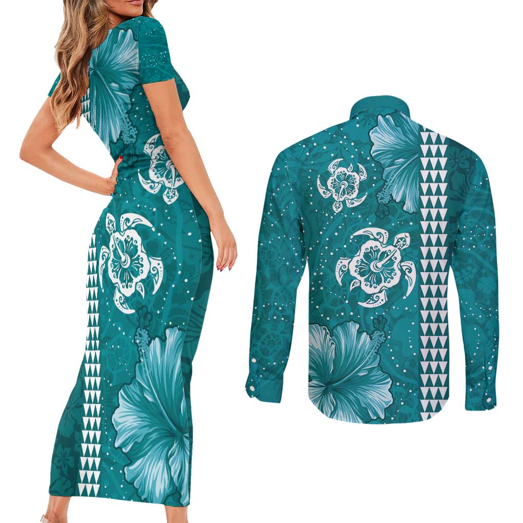 Teal Hibiscus Turle Couples Matching Short Sleeve Bodycon Dress and Long Sleeve Button Shirt Hawaiian Style Tribal Tapa Pattern LT9 - Polynesian Pride