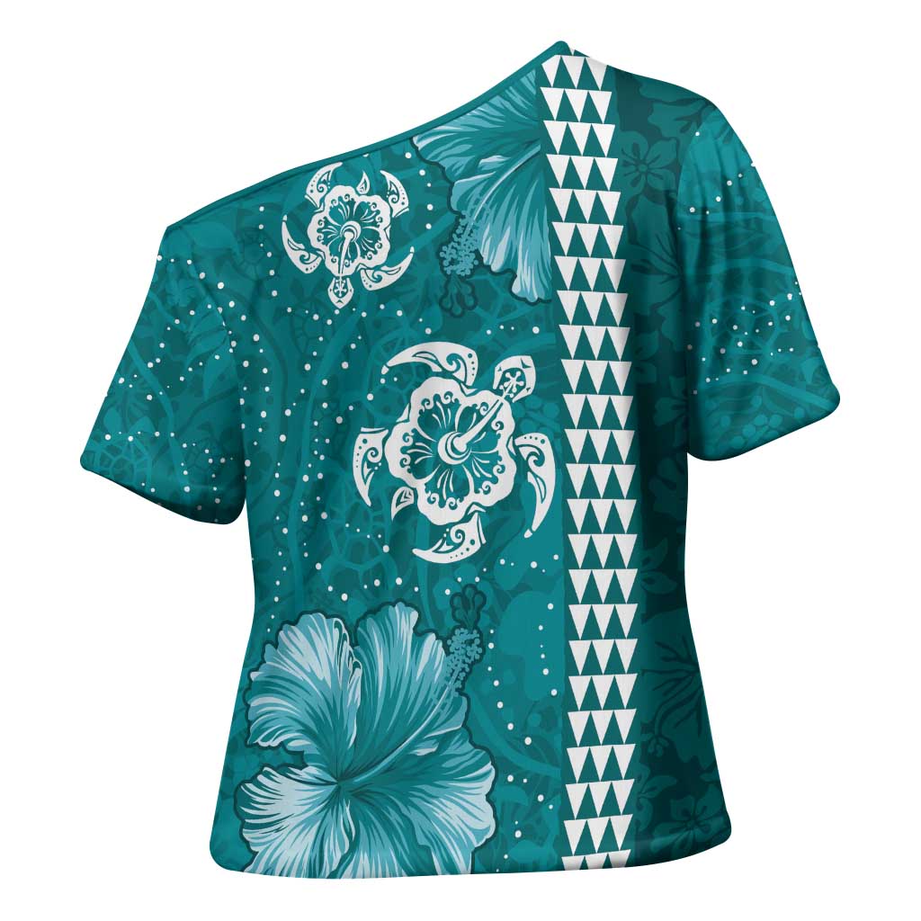 Teal Hibiscus Turle Cross Shoulder Shirt Hawaiian Style Tribal Tapa Pattern - Polynesian Pride