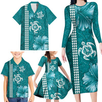 Teal Hibiscus Turle Family Matching Long Sleeve Bodycon Dress and Hawaiian Shirt Hawaiian Style Tribal Tapa Pattern