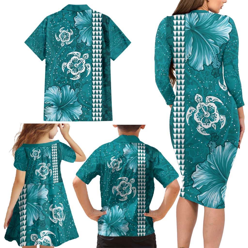 Teal Hibiscus Turle Family Matching Long Sleeve Bodycon Dress and Hawaiian Shirt Hawaiian Style Tribal Tapa Pattern