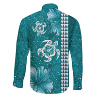 Teal Hibiscus Turle Family Matching Long Sleeve Bodycon Dress and Hawaiian Shirt Hawaiian Style Tribal Tapa Pattern