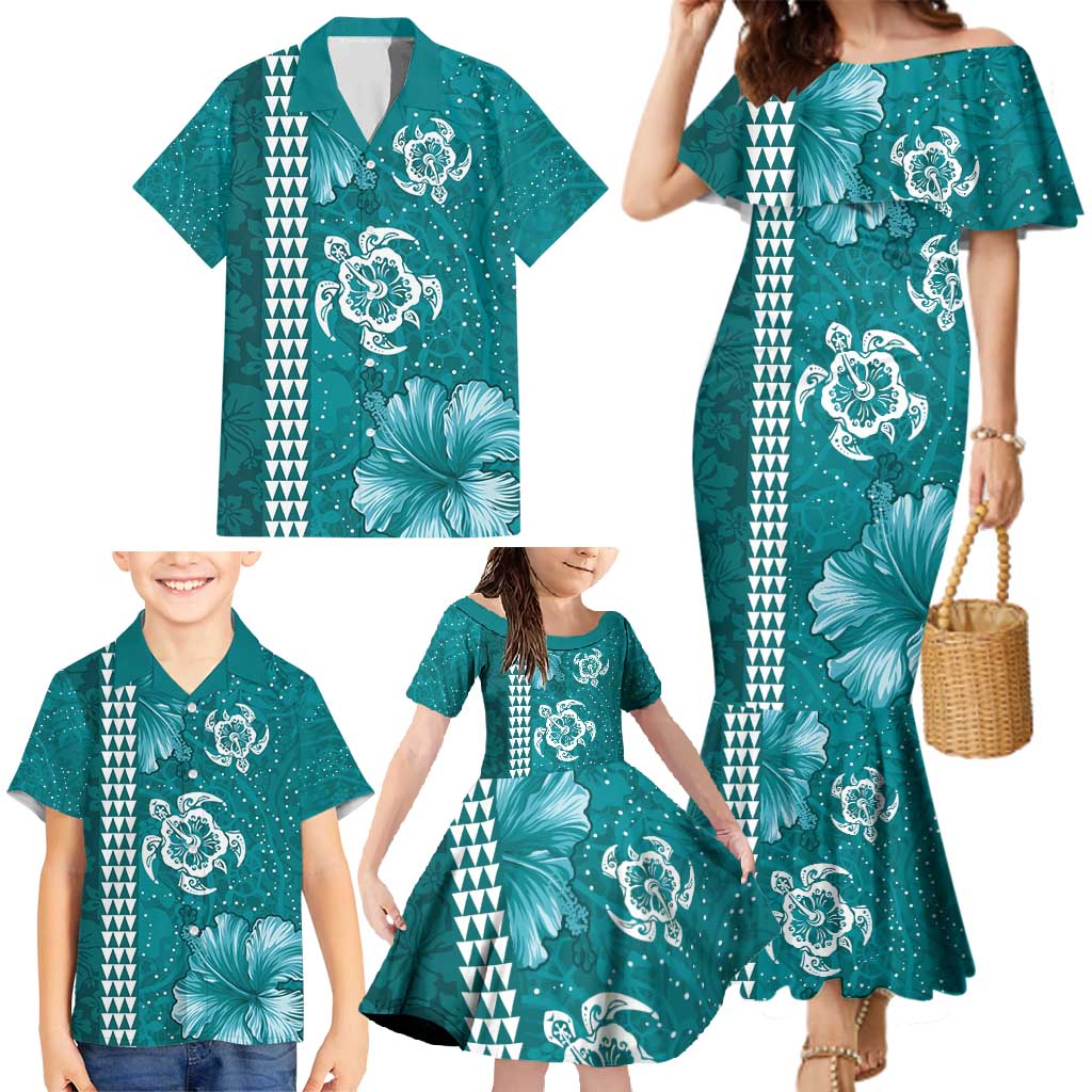 Teal Hibiscus Turle Family Matching Mermaid Dress and Hawaiian Shirt Hawaiian Style Tribal Tapa Pattern