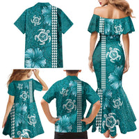 Teal Hibiscus Turle Family Matching Mermaid Dress and Hawaiian Shirt Hawaiian Style Tribal Tapa Pattern