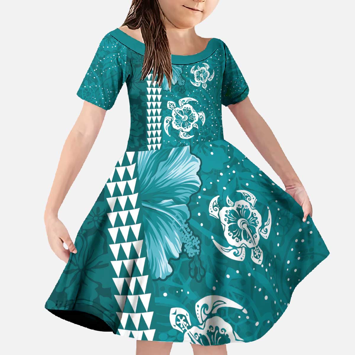 Teal Hibiscus Turle Family Matching Off The Shoulder Long Sleeve Dress and Hawaiian Shirt Hawaiian Style Tribal Tapa Pattern