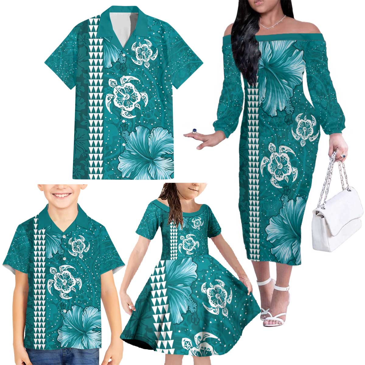 Teal Hibiscus Turle Family Matching Off The Shoulder Long Sleeve Dress and Hawaiian Shirt Hawaiian Style Tribal Tapa Pattern