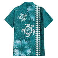 Teal Hibiscus Turle Family Matching Off The Shoulder Long Sleeve Dress and Hawaiian Shirt Hawaiian Style Tribal Tapa Pattern