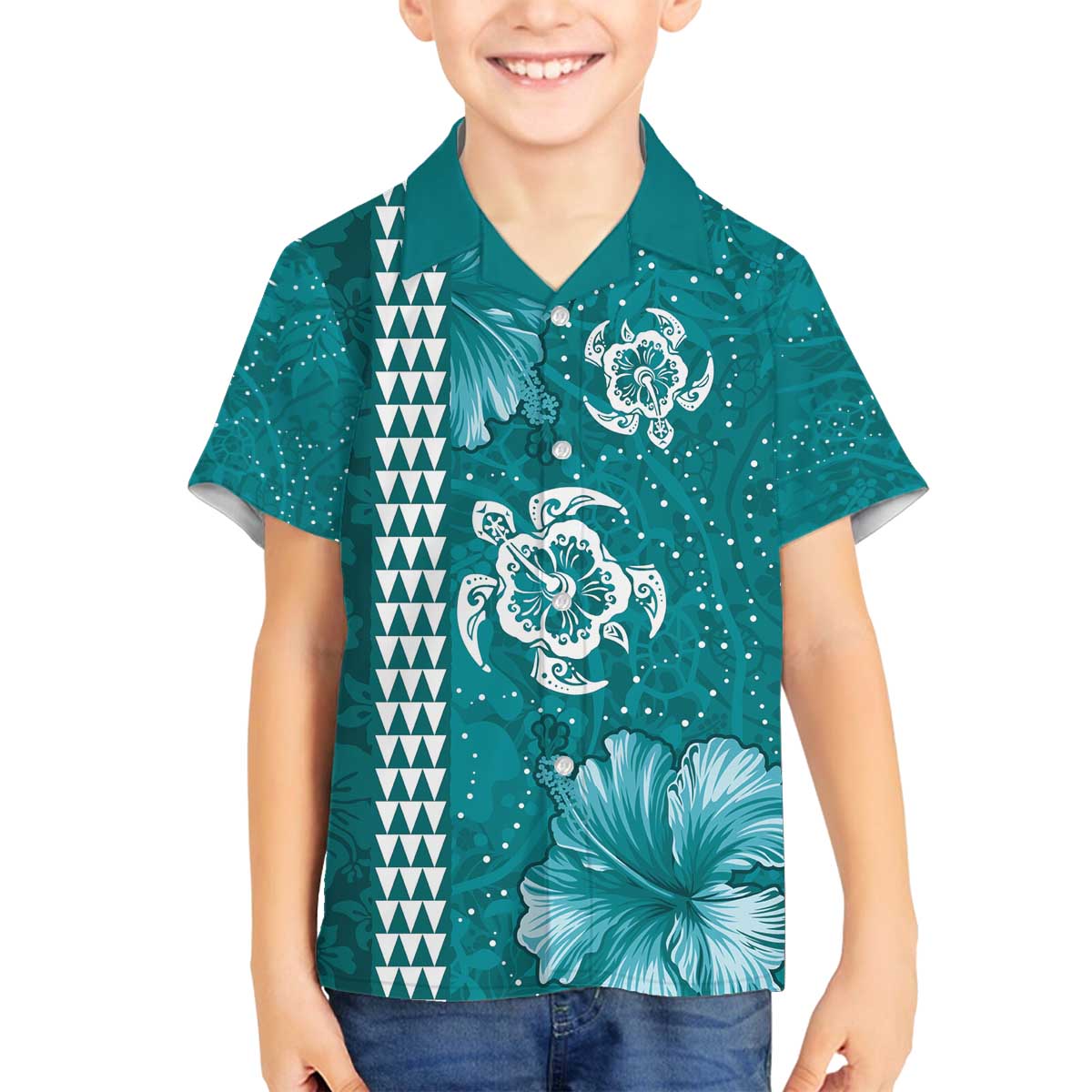 Teal Hibiscus Turle Family Matching Off The Shoulder Long Sleeve Dress and Hawaiian Shirt Hawaiian Style Tribal Tapa Pattern