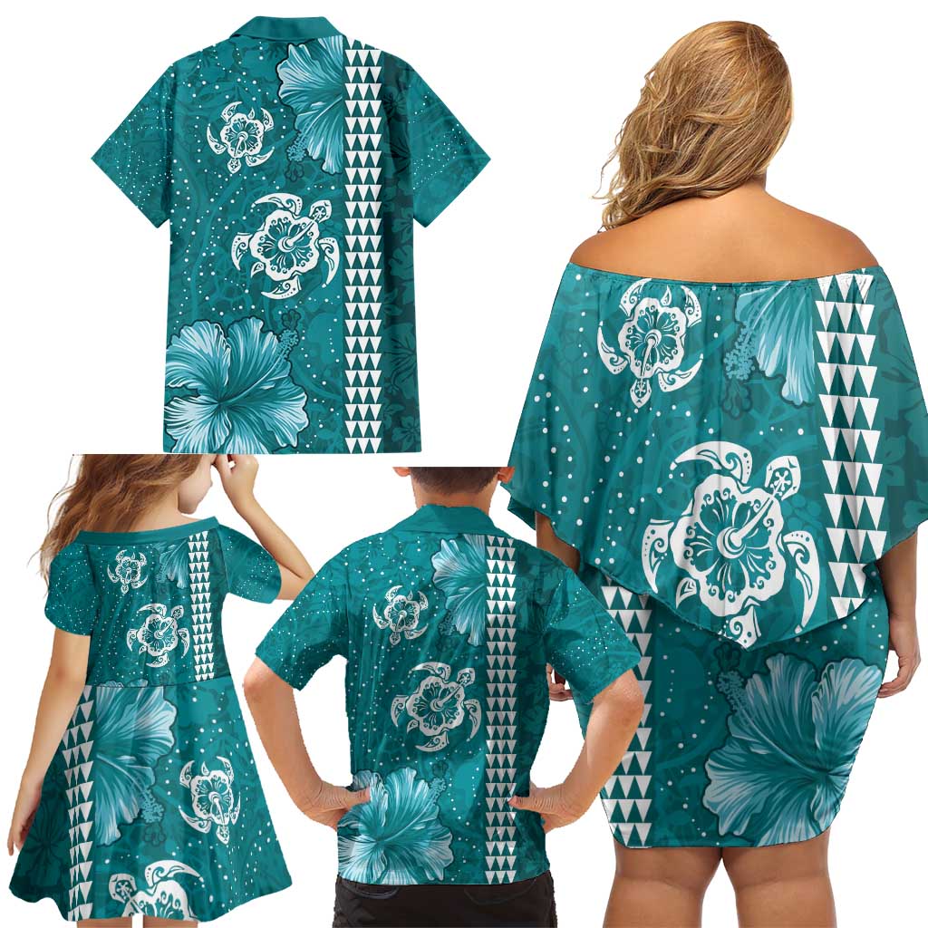 Teal Hibiscus Turle Family Matching Off Shoulder Short Dress and Hawaiian Shirt Hawaiian Style Tribal Tapa Pattern