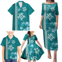 Teal Hibiscus Turle Family Matching Puletasi and Hawaiian Shirt Hawaiian Style Tribal Tapa Pattern