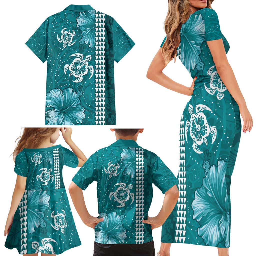 Teal Hibiscus Turle Family Matching Short Sleeve Bodycon Dress and Hawaiian Shirt Hawaiian Style Tribal Tapa Pattern