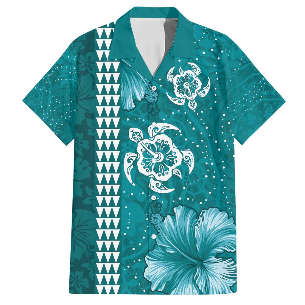 Teal Hibiscus Turle Family Matching Short Sleeve Bodycon Dress and Hawaiian Shirt Hawaiian Style Tribal Tapa Pattern