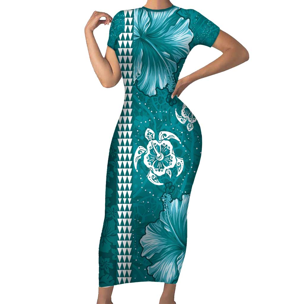 Teal Hibiscus Turle Family Matching Short Sleeve Bodycon Dress and Hawaiian Shirt Hawaiian Style Tribal Tapa Pattern