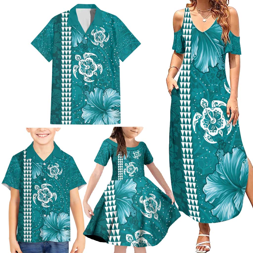Teal Hibiscus Turle Family Matching Summer Maxi Dress and Hawaiian Shirt Hawaiian Style Tribal Tapa Pattern
