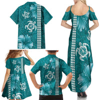 Teal Hibiscus Turle Family Matching Summer Maxi Dress and Hawaiian Shirt Hawaiian Style Tribal Tapa Pattern