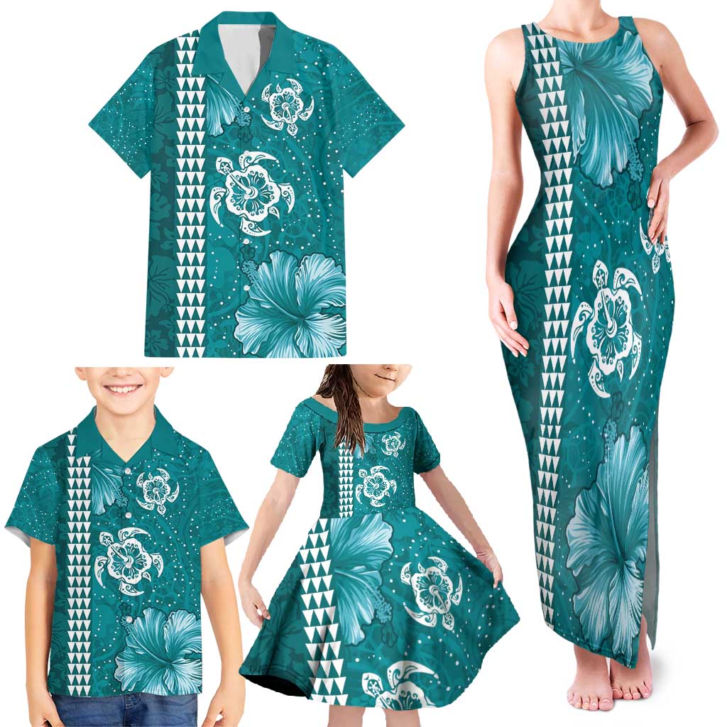 Teal Hibiscus Turle Family Matching Tank Maxi Dress and Hawaiian Shirt Hawaiian Style Tribal Tapa Pattern