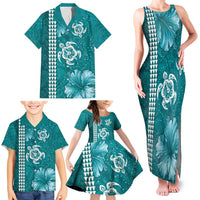 Teal Hibiscus Turle Family Matching Tank Maxi Dress and Hawaiian Shirt Hawaiian Style Tribal Tapa Pattern