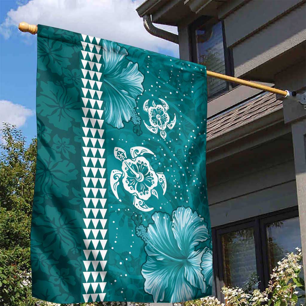 Teal Hibiscus Turle Garden Flag Hawaiian Style Tribal Tapa Pattern