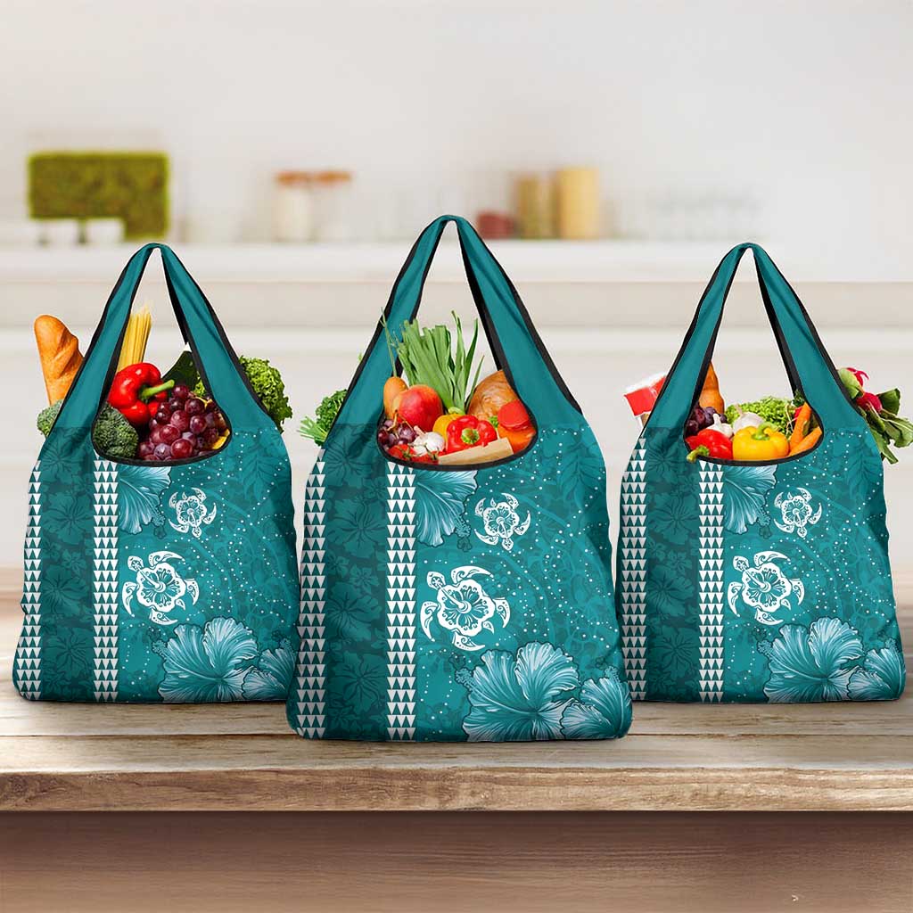 Teal Hibiscus Turle Grocery Bag Hawaiian Style Tribal Tapa Pattern