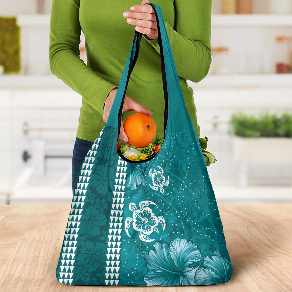 Teal Hibiscus Turle Grocery Bag Hawaiian Style Tribal Tapa Pattern