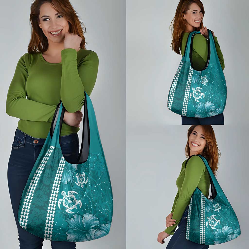 Teal Hibiscus Turle Grocery Bag Hawaiian Style Tribal Tapa Pattern