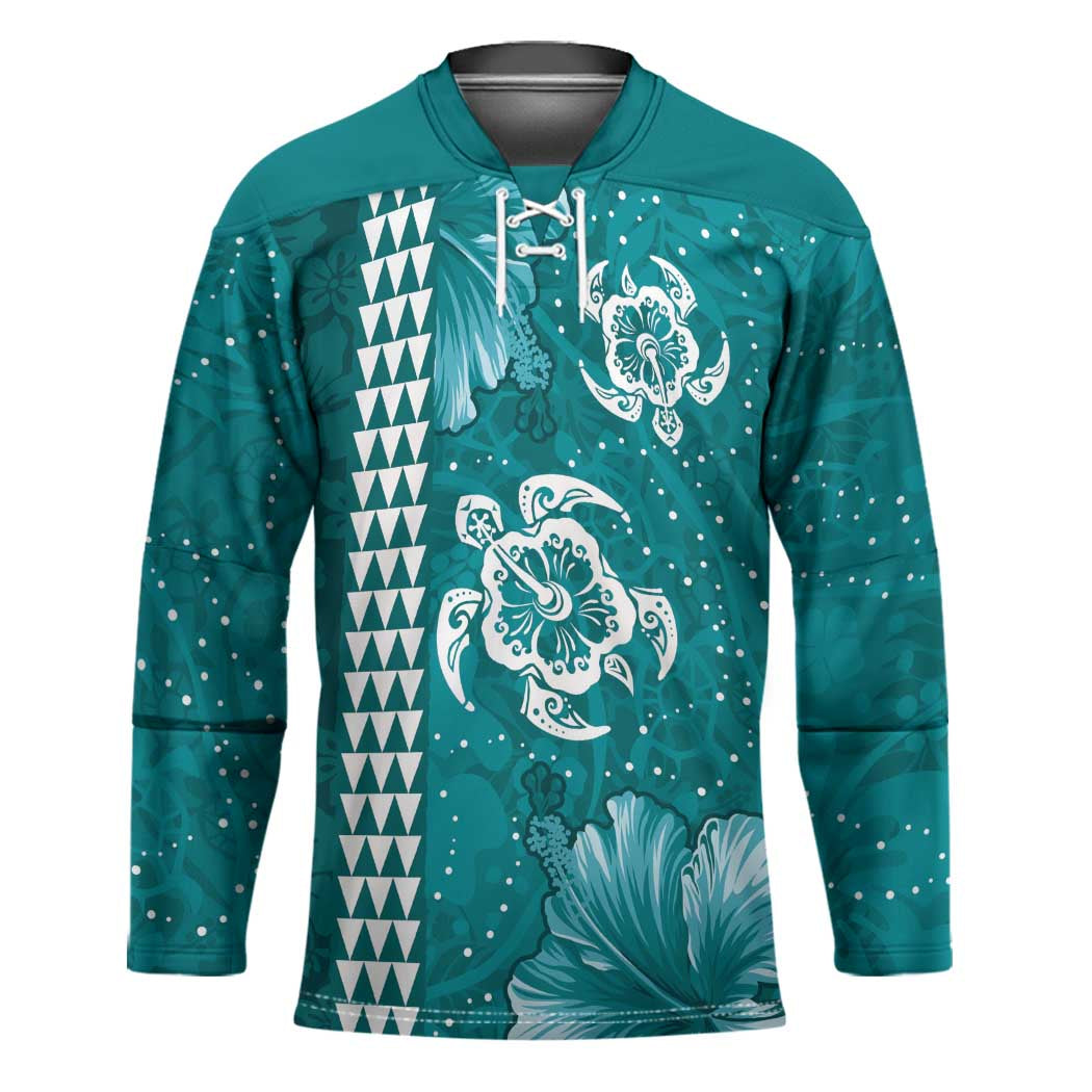 Teal Hibiscus Turle Hockey Jersey Hawaiian Style Tribal Tapa Pattern - Polynesian Pride