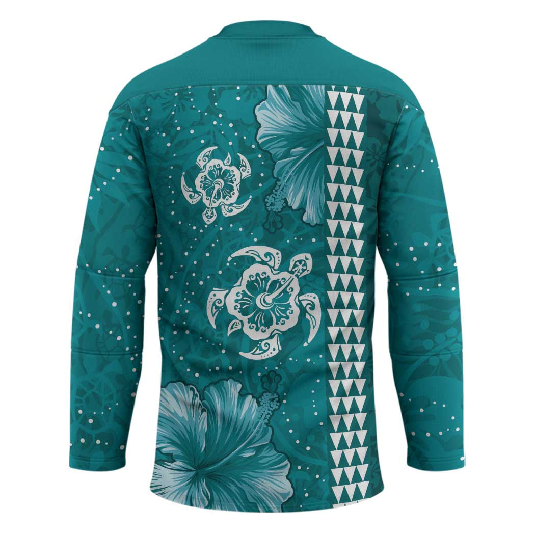 Teal Hibiscus Turle Hockey Jersey Hawaiian Style Tribal Tapa Pattern - Polynesian Pride