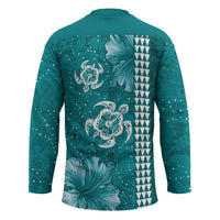 Teal Hibiscus Turle Hockey Jersey Hawaiian Style Tribal Tapa Pattern - Polynesian Pride