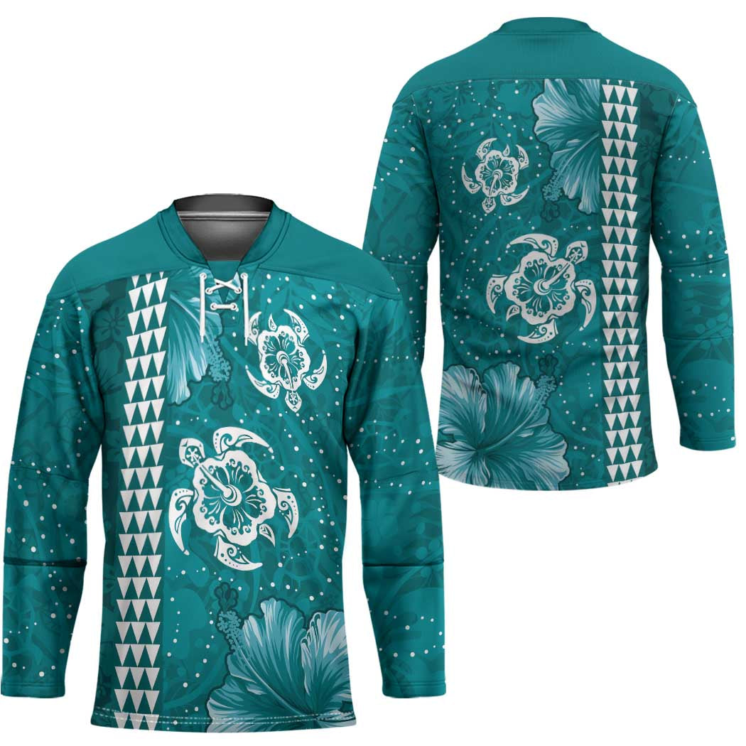 Teal Hibiscus Turle Hockey Jersey Hawaiian Style Tribal Tapa Pattern - Polynesian Pride