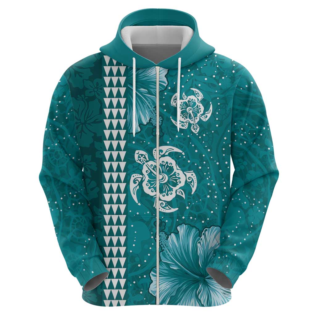 Teal Hibiscus Turle Hoodie Hawaiian Style Tribal Tapa Pattern