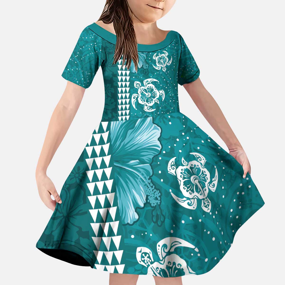 Teal Hibiscus Turle Kid Short Sleeve Dress Hawaiian Style Tribal Tapa Pattern LT9 KID Teal - Polynesian Pride