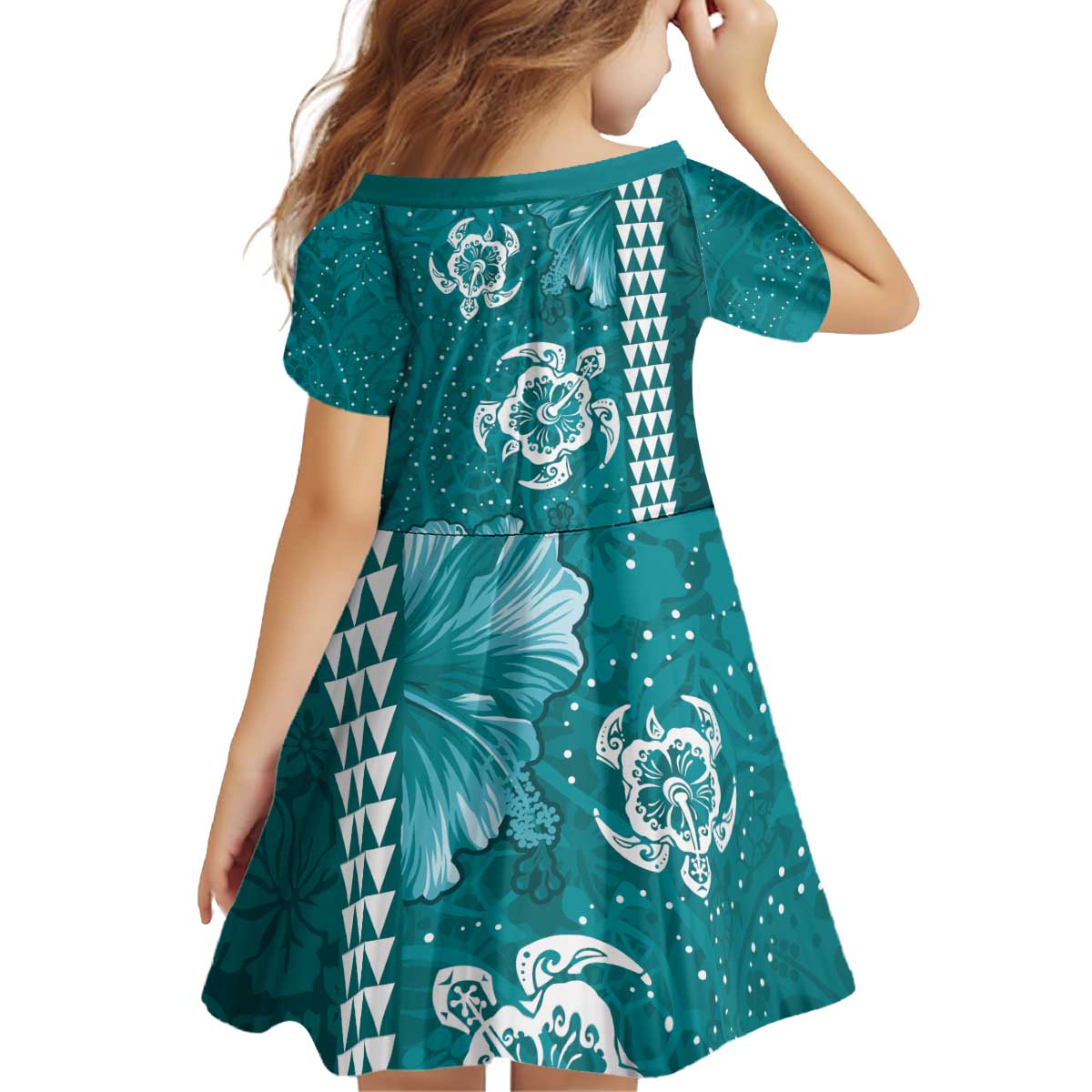 Teal Hibiscus Turle Kid Short Sleeve Dress Hawaiian Style Tribal Tapa Pattern LT9 - Polynesian Pride